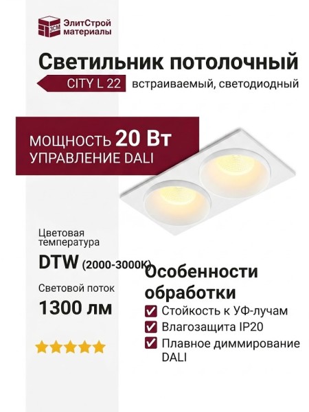 Светильник потолочный CITY L 22 DTW W 2FW DALI