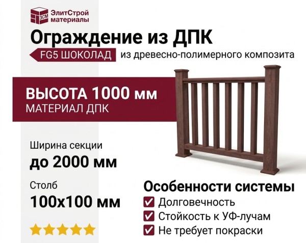 Ограждение из древесно-полимерного композита FG5 шоколадного цвета