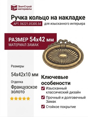 Ручка кольцо на накладке 06221.05300.54, материал Замак, отделка Французское золото, 54*42*10 мм