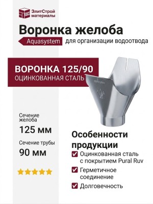 Воронка желоба оцинкованная Aquasystem 125/90