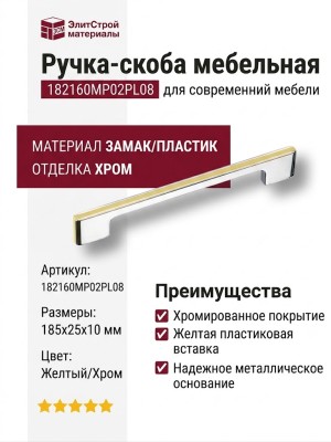 Ручка скоба 182160MP02PL08, материал Замак Пластик, цвет Желтый, отделка Хром, 185*25*10 мм