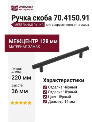 Ручка скоба 70.4150.91, материал Замак, цвет Чёрный, отделка Черный, 220*14*36 мм