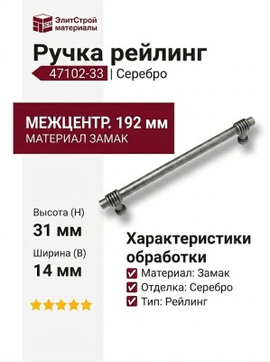 Ручка рейлинг 47102-33, материал Замак, отделка Серебро, 192*31*14 мм