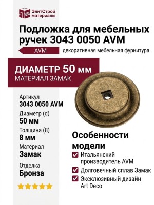 Подложка для мебельных ручек 3043 0050 AVM, материал Замак, отделка Бронза, 8*d=50 мм