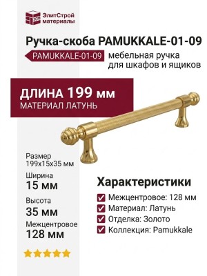 Ручка скоба PAMUKKALE-01-09 128 мм латунь, материал Латунь, отделка Золото, 199*15*35 мм