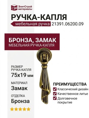 Ручка капля 21391.06200.09, материал Замак, отделка Бронза, 75*19 мм