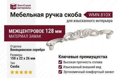 Ручка скоба WMN.810X.128.M00M5, материал Замак, отделка Венецианское серебро, 150*22*26 мм