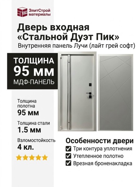 Дверь входная «Стальной Дуэт Пик», внутренняя панель Лучи (лайт грей софт)