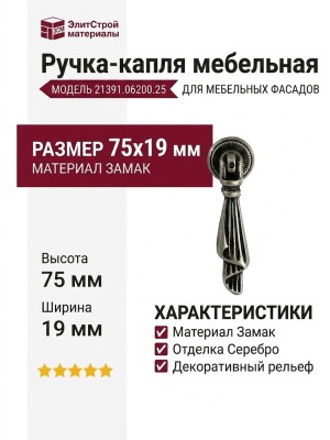 Ручка капля 21391.06200.25, материал Замак, отделка Серебро, 75*19 мм