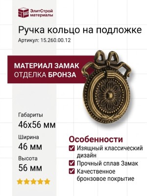 Ручка кольцо на подложке 15.260.00.12, материал Замак, отделка Бронза, 46*56 мм