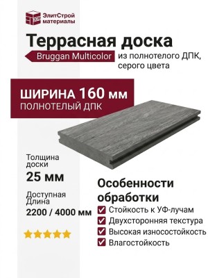 Террасная доска Bruggan Multicolor из ДПК, полнотелая, 160 мм, серого цвета.