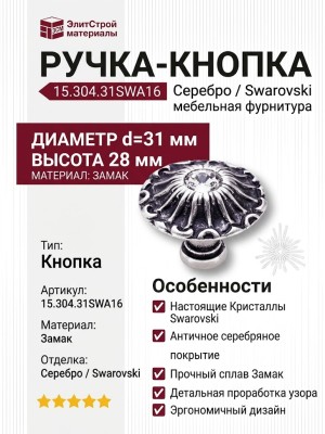 Ручка кнопка 15.304.31SWA16, материал Замак, отделка Серебро Кристаллы Swarovski, 28*d=31 мм