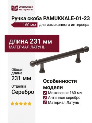 Ручка скоба PAMUKKALE-01-23 160 мм античное серебро, материал Латунь, отделка Серебро, 231*15*35 мм