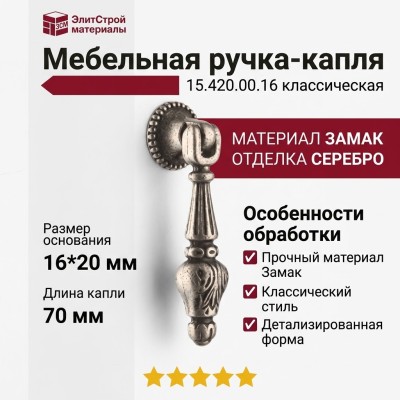 Ручка капля 15.420.00.16, материал Замак, отделка Серебро, 16*20*70 мм