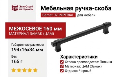 Ручка скоба Gamet UZ-IMPERIAL-160-20M, материал Замак, цвет Чёрный, отделка Черный, 194*16*34 мм