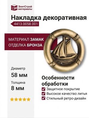 Накладка декоративная 4413.0058.001, материал Замак, отделка Бронза, 58*8*58 мм