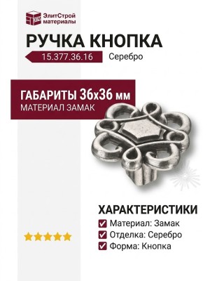 Ручка кнопка 15.377.36.16, материал Замак, отделка Серебро, 24*36*36 мм