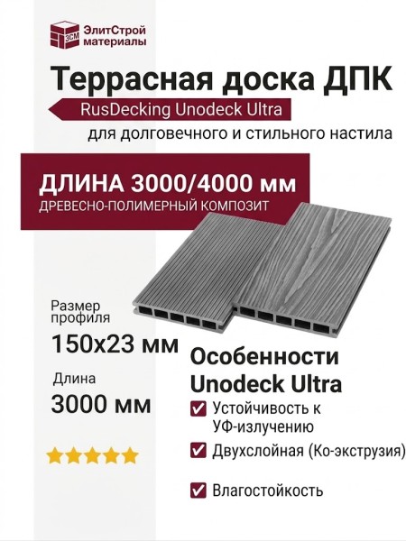Террасная доска ДПК RusDecking Unodeck Ultra - Серый
