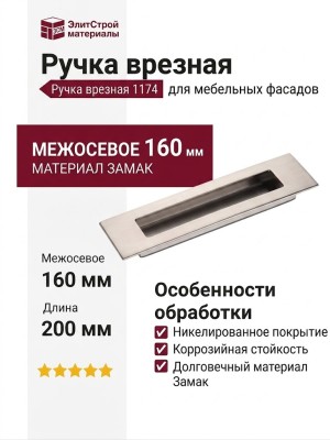 Ручка врезная 1174 160MP08, материал Замак, отделка Никель, 16*52*200 мм