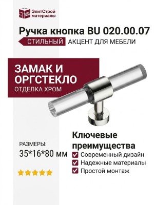 Ручка кнопка BU 020.00.07, материал Замак Оргстекло, отделка Стекло Хром, 35*16*80 мм