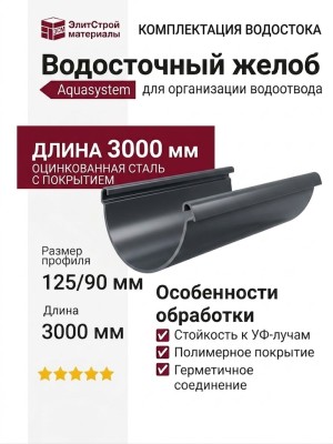 Водосточный желоб Aquasystem, цвет RAL 7024 (Тёмно-серый), длина 3.00 м, размер 125/90.